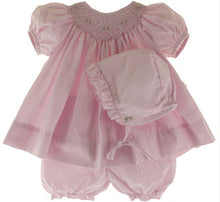 Load image into Gallery viewer, Baby Girls Newborn Pink Bishop Zig-Zag Smocked Dress, Panty & Bonnet