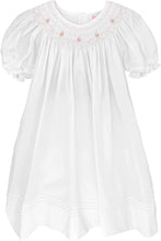 Load image into Gallery viewer, White Bishop Dress with Pink Heart Smocking & Pearl Trim