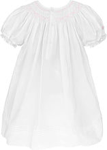 Load image into Gallery viewer, White Bishop Dress with Pink Heart Smocking & Pearl Trim