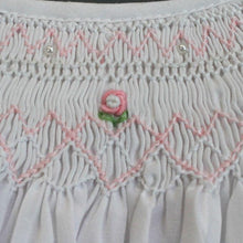 Load image into Gallery viewer, White Bishop Dress with Pink Heart Smocking & Pearl Trim