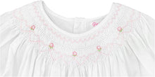 Load image into Gallery viewer, White Bishop Dress with Pink Heart Smocking & Pearl Trim