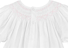 Load image into Gallery viewer, White Bishop Dress with Pink Heart Smocking & Pearl Trim