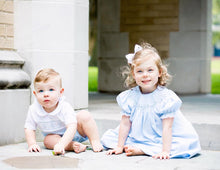 Load image into Gallery viewer, Powder Blue Bishop Neckline Smocked Dress