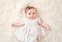Load image into Gallery viewer, White Smocked Baby Dress with Embroidered Rosettes