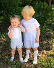 Load image into Gallery viewer, Blue & White Boys Smocked Button-On Short Set