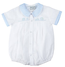 Load image into Gallery viewer, White &amp; Blue Boys Embroidered Train Creeper- Preemie

