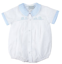 Load image into Gallery viewer, White & Blue Boys Embroidered Train Creeper- Preemie
