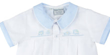 Load image into Gallery viewer, White & Blue Boys Embroidered Train Creeper- Preemie