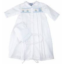 Load image into Gallery viewer, Boys Feltman Brothers White/Blue Smocked Train Gown & Cap Newborn