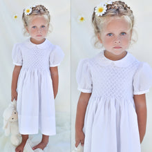 Load image into Gallery viewer, White Smocked Yoke Short Sleeve Dress with Sash
