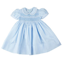 Load image into Gallery viewer, Girls Blue Smocked Yoke Dress with Lace Trim