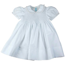 Load image into Gallery viewer, Girls White Smocked Yoke Dress with Lace Trim