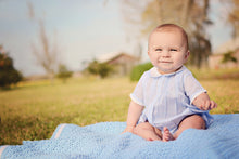 Load image into Gallery viewer, Blue Tucked & Embroidered Boys Romper