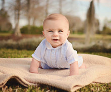 Load image into Gallery viewer, Blue Tucked & Embroidered Boys Romper