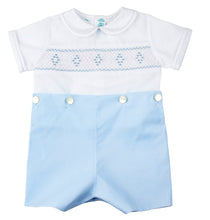 Load image into Gallery viewer, Blue & White Boys Smocked Button-On Short Set