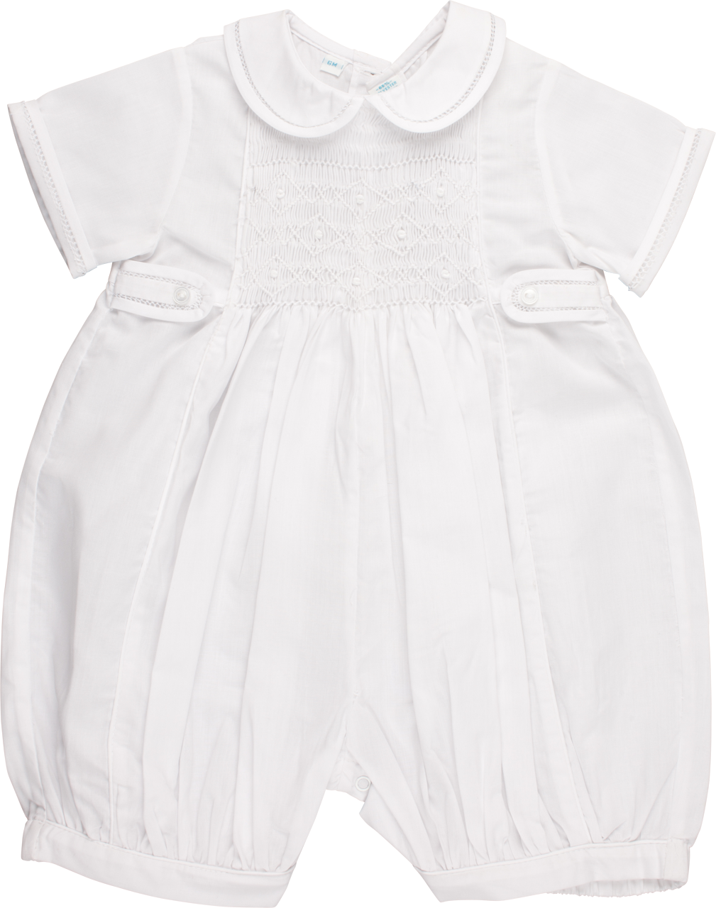 Boys Infant White Bubble Style Romper with White Smocking