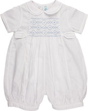 Load image into Gallery viewer, Boys Infant White & Blue Bubble Style Romper with White Smocking