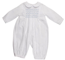 Load image into Gallery viewer, Boys Infant White Romper with Blue Smocking
