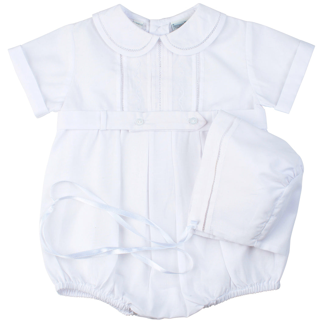 Boys White Dressy Belted Creeper with Hat