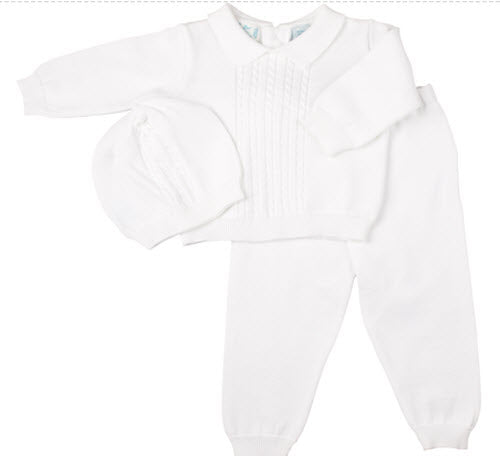 White Cable Knit Two Piece Pant Set with Hat