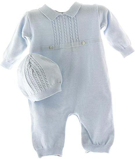 Blue Knit Boys Coverall with Cable Design & Cap
