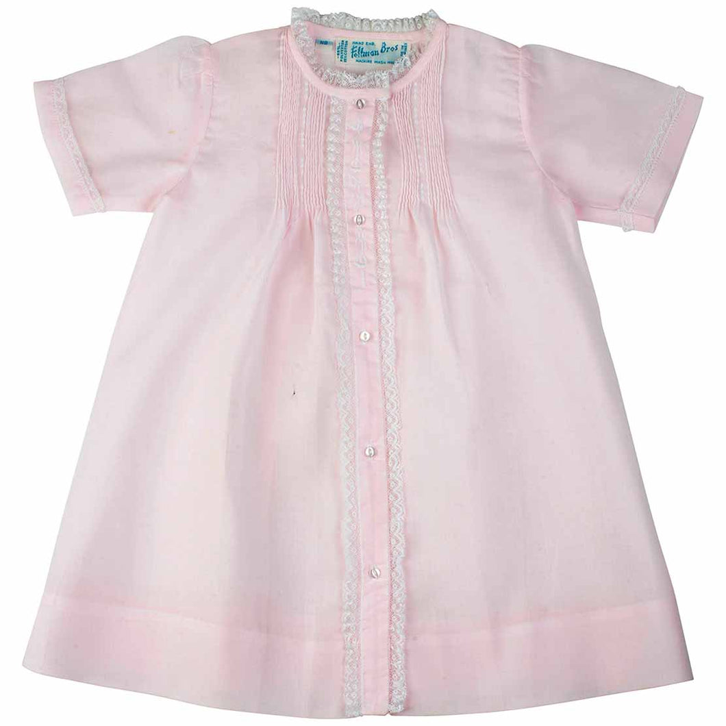 Girls Pink Newborn Front Lace Trimmed Tucked Daygown