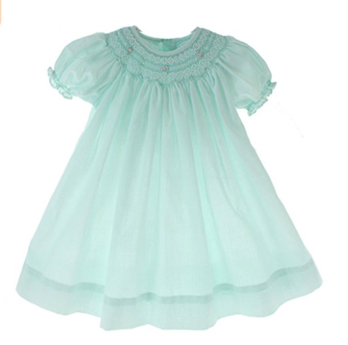 Mint Green Smocked Day Dress with Pink Rosettes & Pearls – Connie's Kids  Children's Clothing