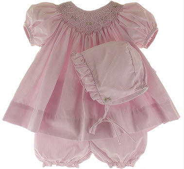 Baby Girls Newborn Pink Bishop Zig-Zag Smocked Dress, Panty & Bonnet