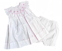 Load image into Gallery viewer, Pink Rosette Scalloped Smocked Neckline Bishop Dress
