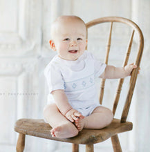 Load image into Gallery viewer, Boys White Highrise with Blue Smocking
