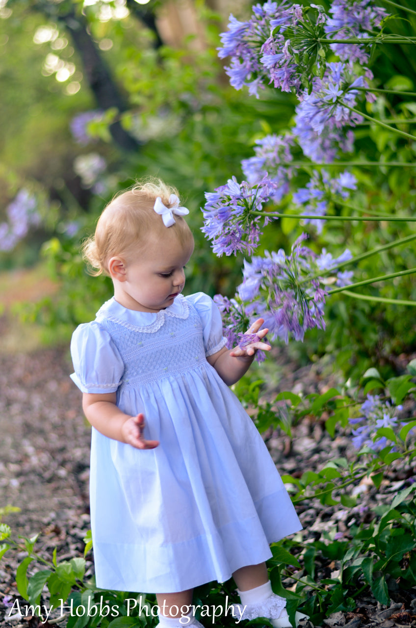 Girls Blue Smocked Yoke Dress with Lace Trim – Connie's Kids Children's  Clothing