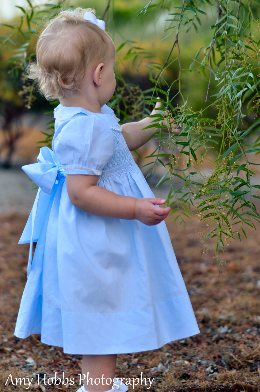Girls Blue Smocked Yoke Dress with Lace Trim Girls Blue Smocked Yoke Dress with Lace Trim