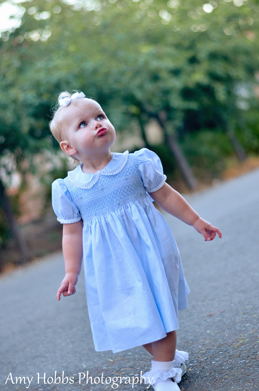 Girls Blue Smocked Yoke Dress with Lace Trim – Connie's Kids Children's Clothing