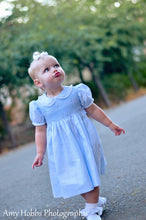 Load image into Gallery viewer, Girls Blue Smocked Yoke Dress with Lace Trim
