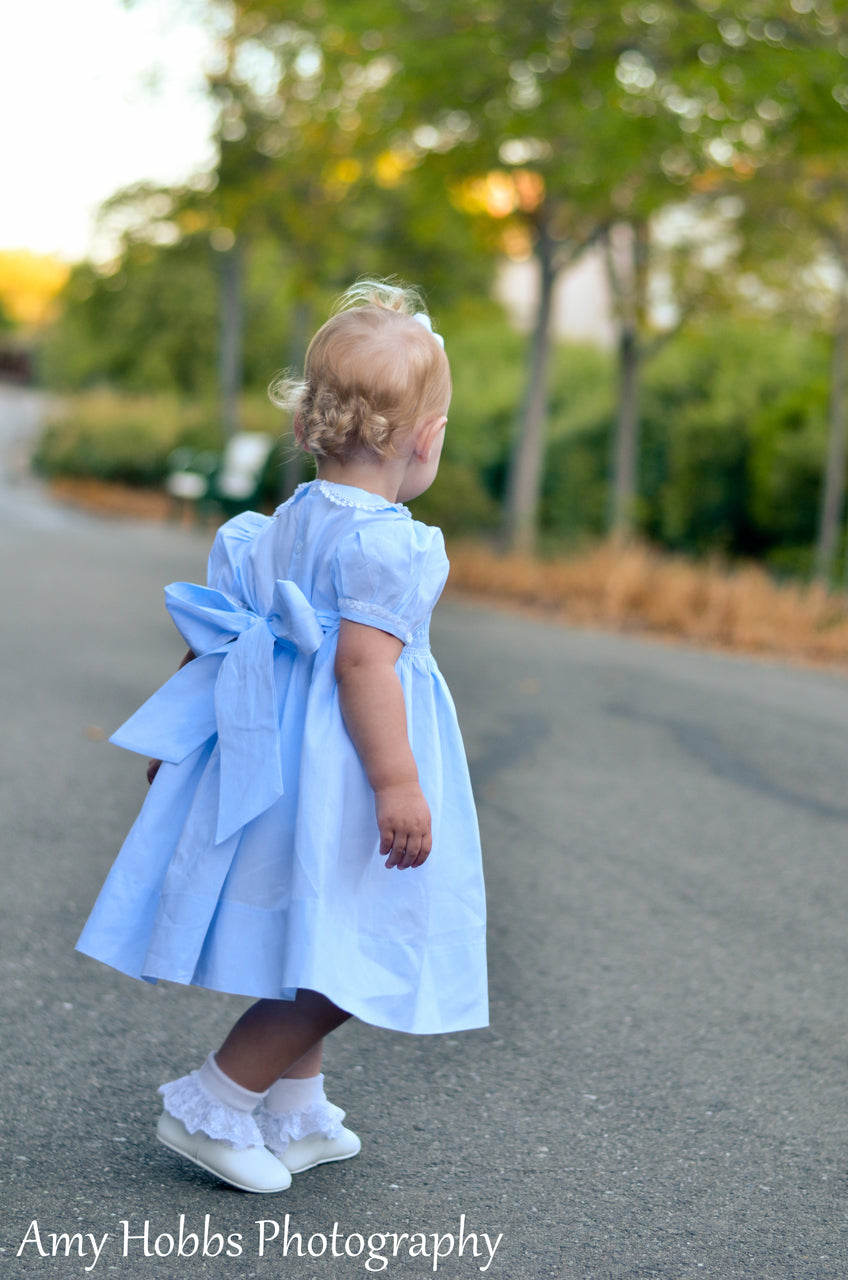 Girls Blue Smocked Yoke Dress with Lace Trim – Connie's Kids Children's Clothing