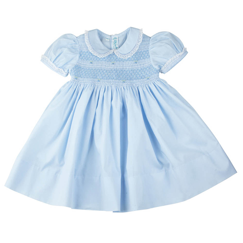 Girls Blue Smocked Yoke Dress with Lace Trim Connie's Kids Children's Clothing Girls Blue Smocked Yoke Dress with Lace Trim Connie's Kids Children's Clothing