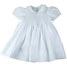 Load image into Gallery viewer, Girls White Smocked Yoke Dress with Lace Trim
