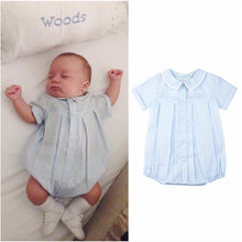Load image into Gallery viewer, Blue &amp; White Embroidered Train Romper
