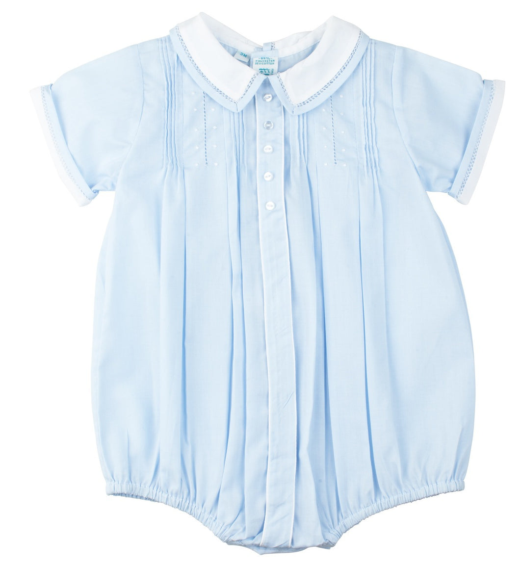 Blue Tucked & Embroidered Boys Romper