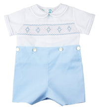 Load image into Gallery viewer, Blue &amp; White Boys Smocked Button-On Short Set
