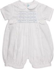 Load image into Gallery viewer, Boys Infant White &amp; Blue  Bubble Style Romper with White Smocking
