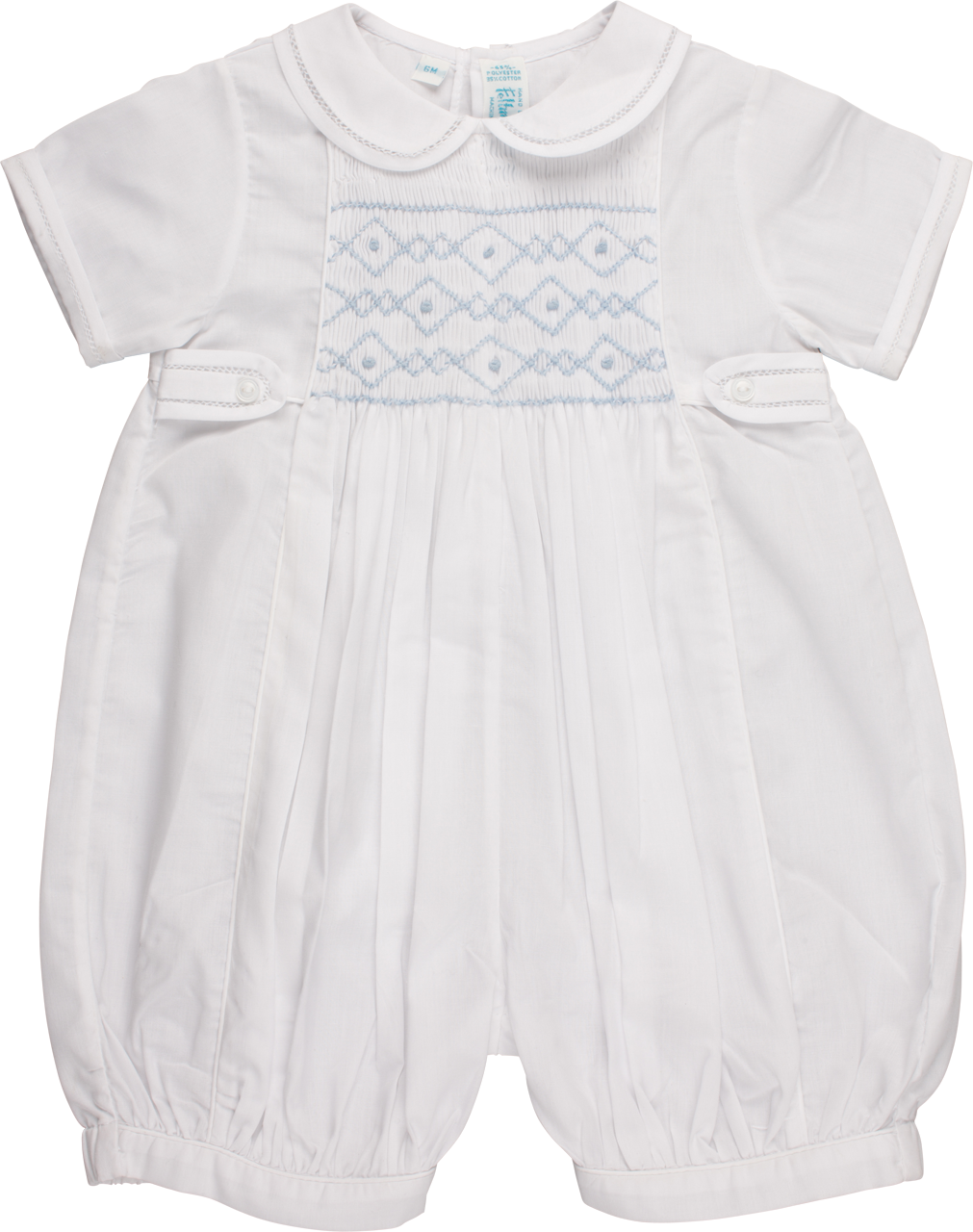 Boys Infant White & Blue  Bubble Style Romper with White Smocking