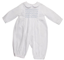 Load image into Gallery viewer, Boys Infant White Romper with Blue Smocking
