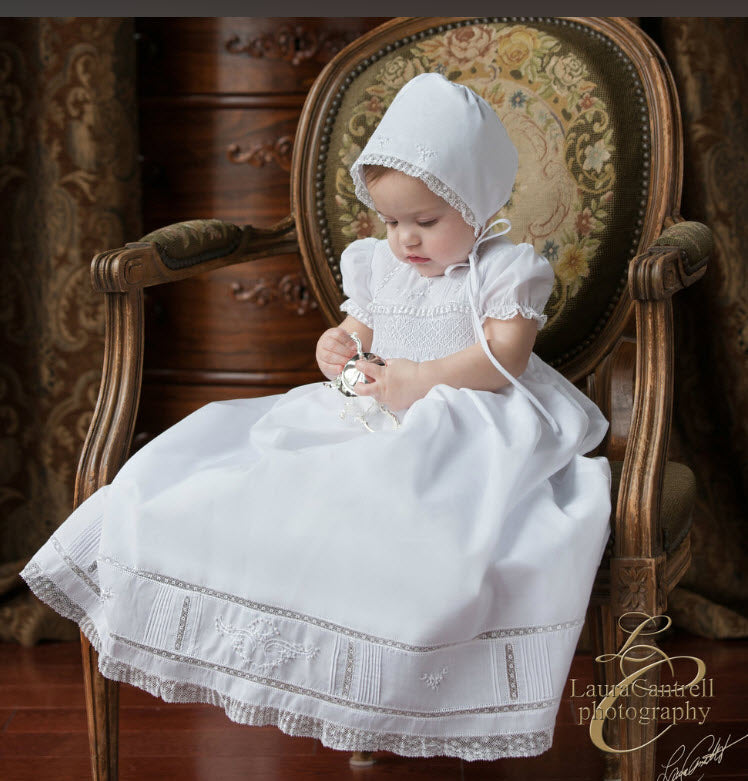 Girls White Smocked Christening Gown Bonnet Set with Pearls