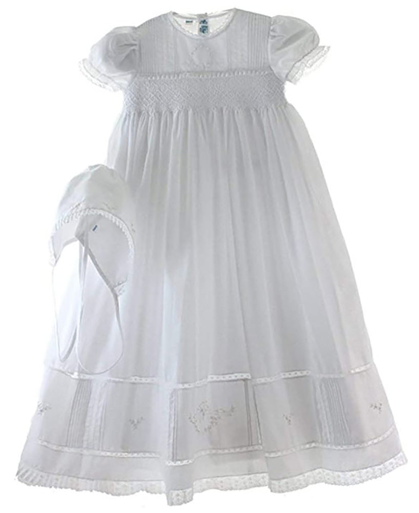 Girls White Smocked Christening Gown Bonnet Set with Pearls