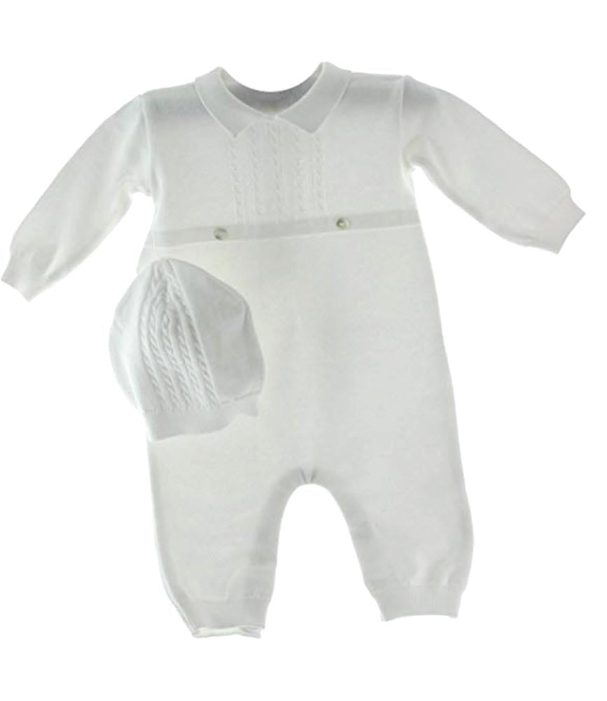White Knit Boys Coverall with Cable Design & Cap