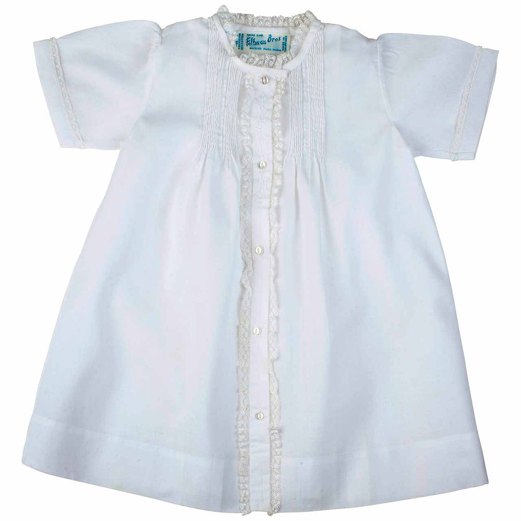 Girls White Newborn Front Lace Trimmed Tucked Daygown