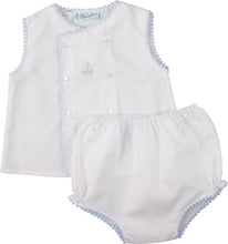 Load image into Gallery viewer, Boys Embroidered Sailboat Blue Diaper Set
