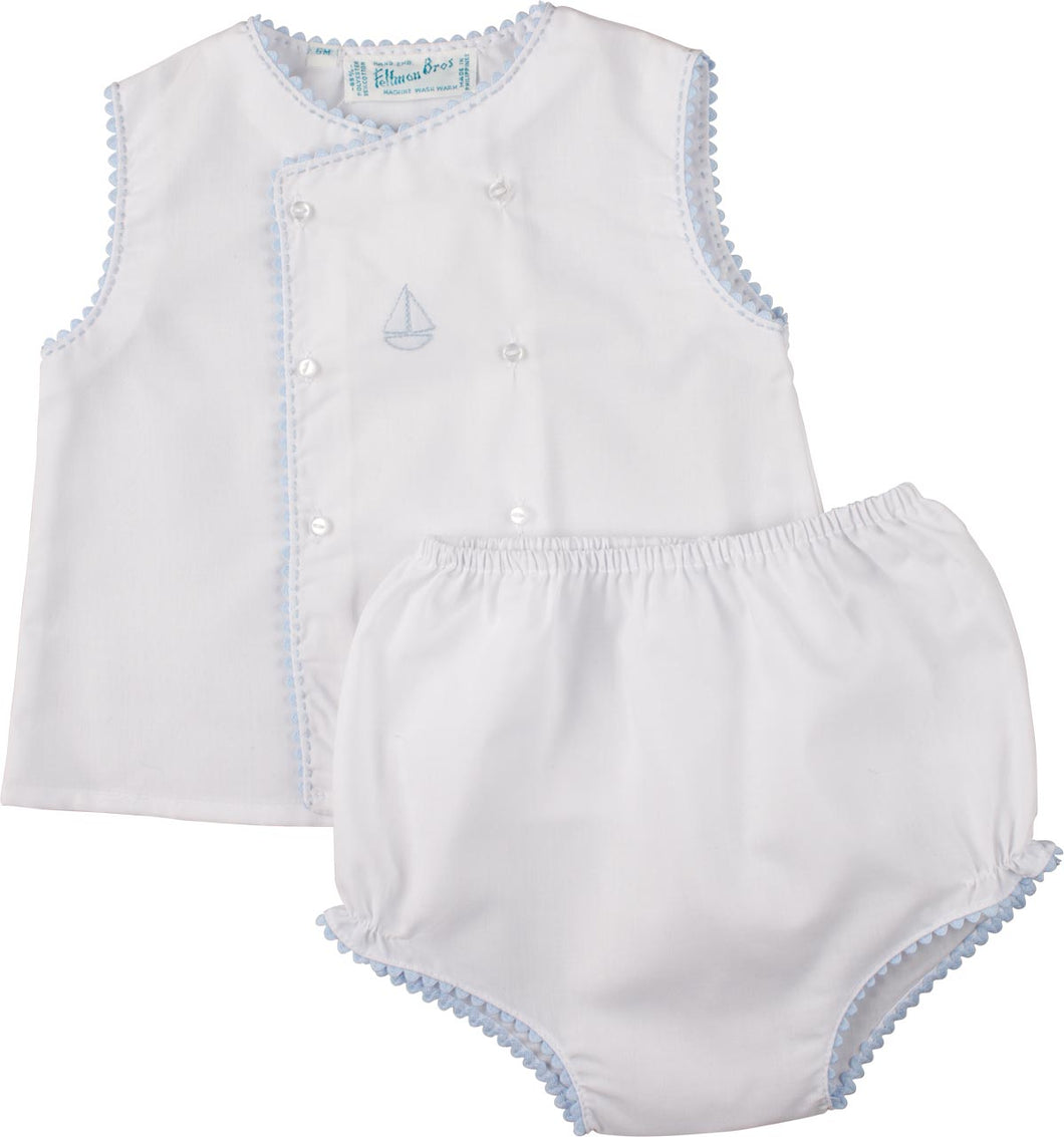 Boys Embroidered Sailboat Blue Diaper Set