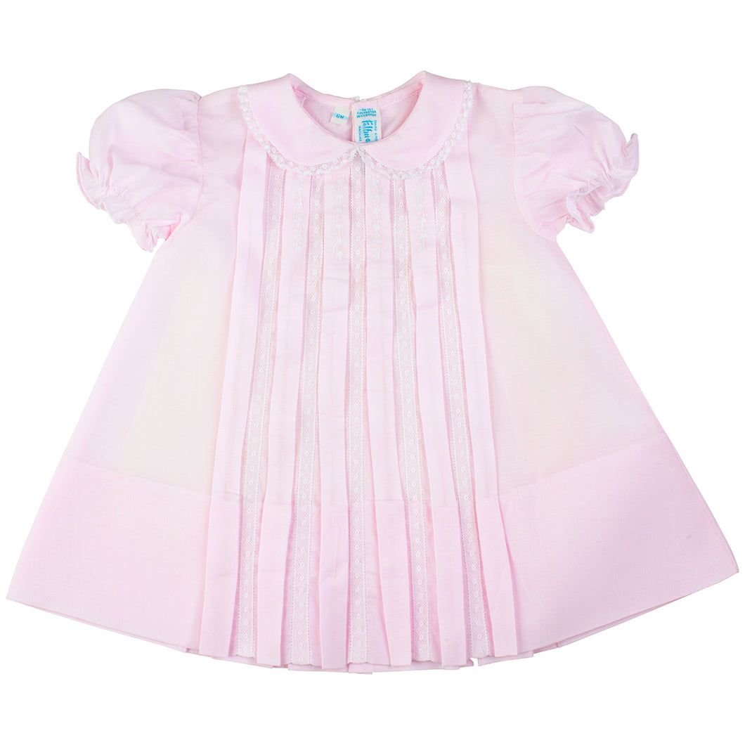Front Pleated Baby Girls Pink Dress with Lace Inserts